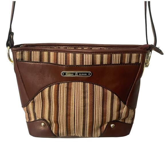 Etienne Aigner Brown Striped Bag Womens Leather Trim Handbag Purse - Picture 1 of 14